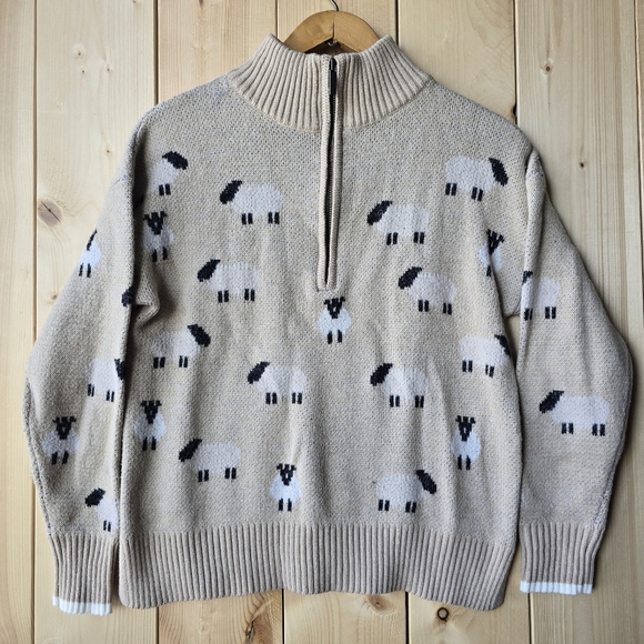 Ricki's Sweaters - Ricki's Sheep Lamb Print 1/4 Zip Long Sleeve Pullover Tan Sweater Medium